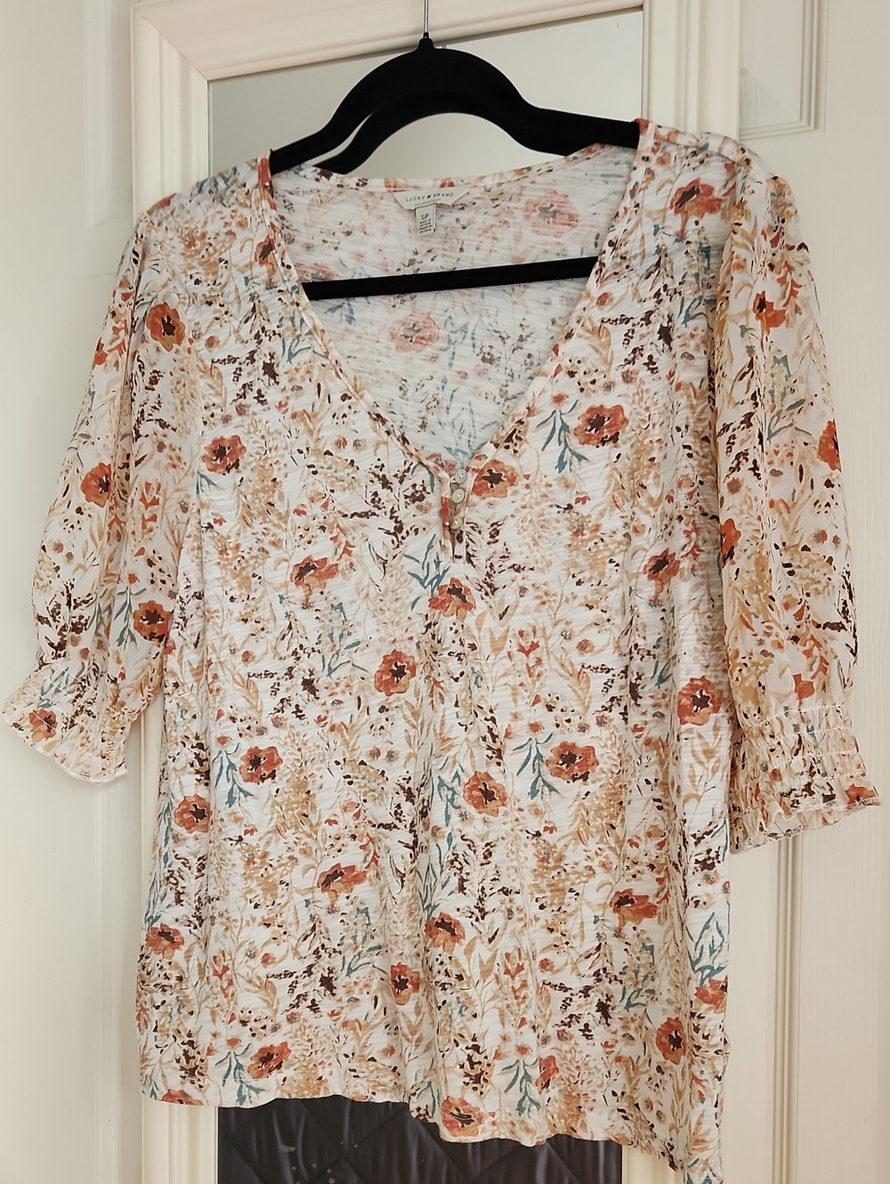Lucky Brand Cream Floral V-Neck Blouse with Rust Accents